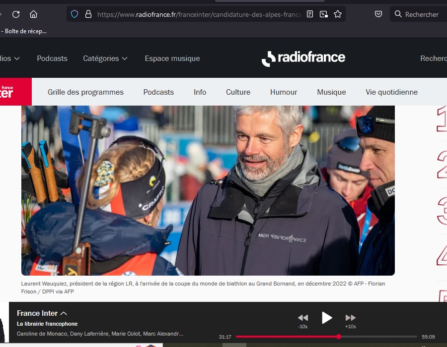 Interview de France Inter sur le Président du Conseil régional d'Auvergne-Rhône-Alpes Laurent Wauquiez lors de la Coupe du Monde de Biathlon au Grand Bornand 2022<br />
