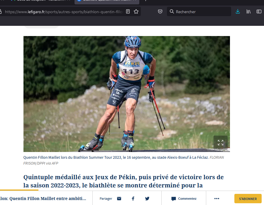 Article du Figaro sur le biathlète Quentin Fillon Maillet lors du Biathlon Summer Tour 2023 à la Féclaz
