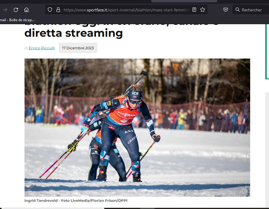 Article du média Italien SportFace sur la Biathlète Norvègienne Ingrid Tandrevold