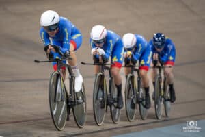 LALLEMANT Lara, COPPONI Clara, FORTIN Valentine et PATOUILLET Marie durant les Championnats de France 2024 sur le Vélodrome National de Saint Quentin en Yvelines, futur site des Jeux Olympiques de 2024 de Paris
