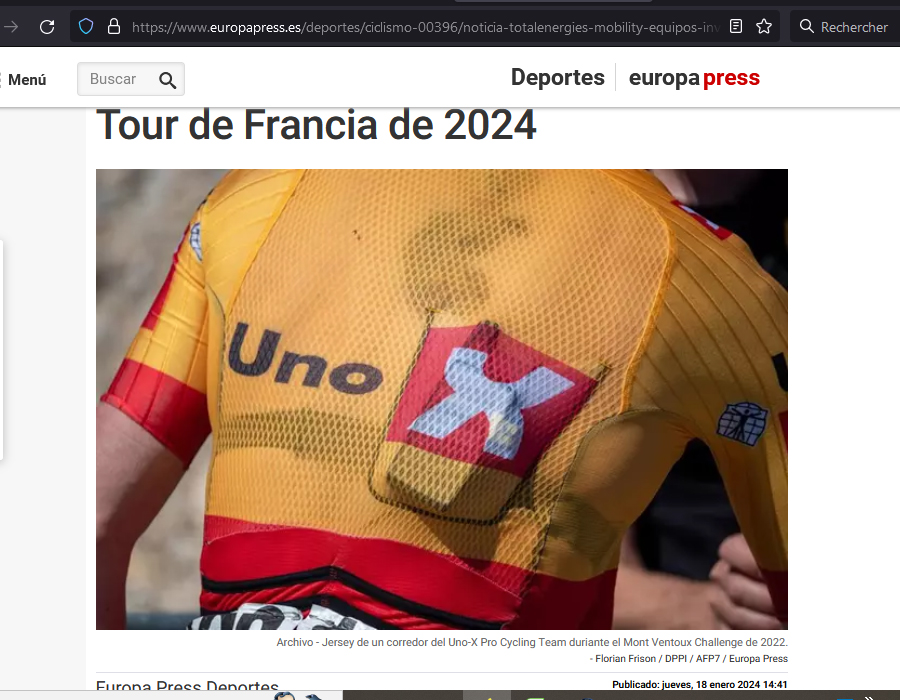 Article de Europa Press sur la séléction des équipes TotalEnergies et Uno-X Mobility au Tour de France 2024