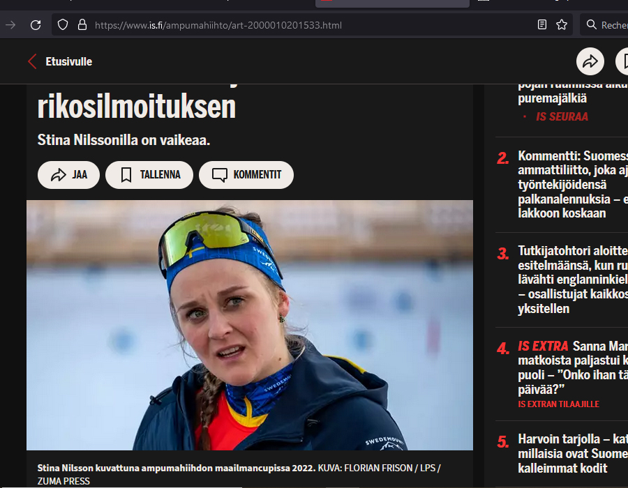 Article du média IS.FI sur la biathlète Suèdoise Stina Nilssonilla.