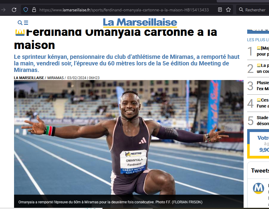 Article de la Marseillaise sur le sprinteur Kenyan Ferdinand Omanyala lors du Meeting de Miramas 2024