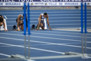 Athlète au départ du 60 mètres Homme lors du Meeting de Miramas 2024