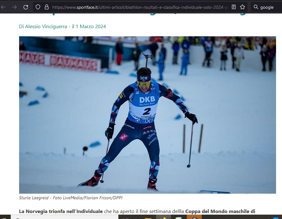 Article du média Italien SportFace sur le Biathlète Norvègien Sturla Holm Laegreid