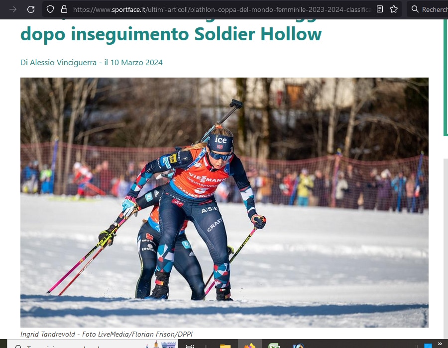 Article de SportFace sur le classement de la Coupe de Monde de Biathlon, avec la biathlète Ingrid Tandrevold en photo