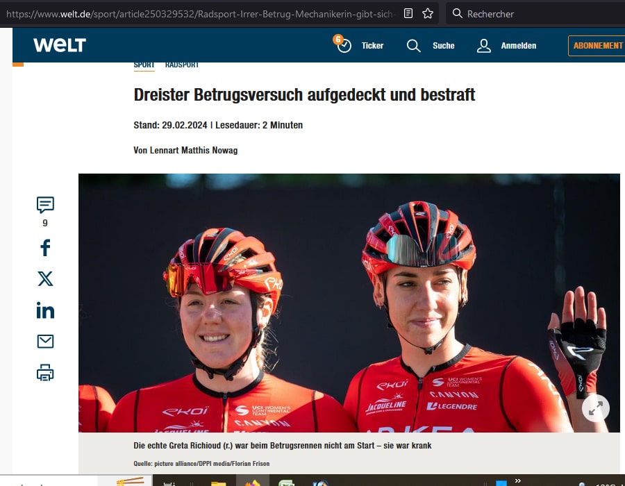 Article du média Welt sur Greta Richioud, Danny van Haute, Moira Barrett et l'équipe Cynisca Cycling