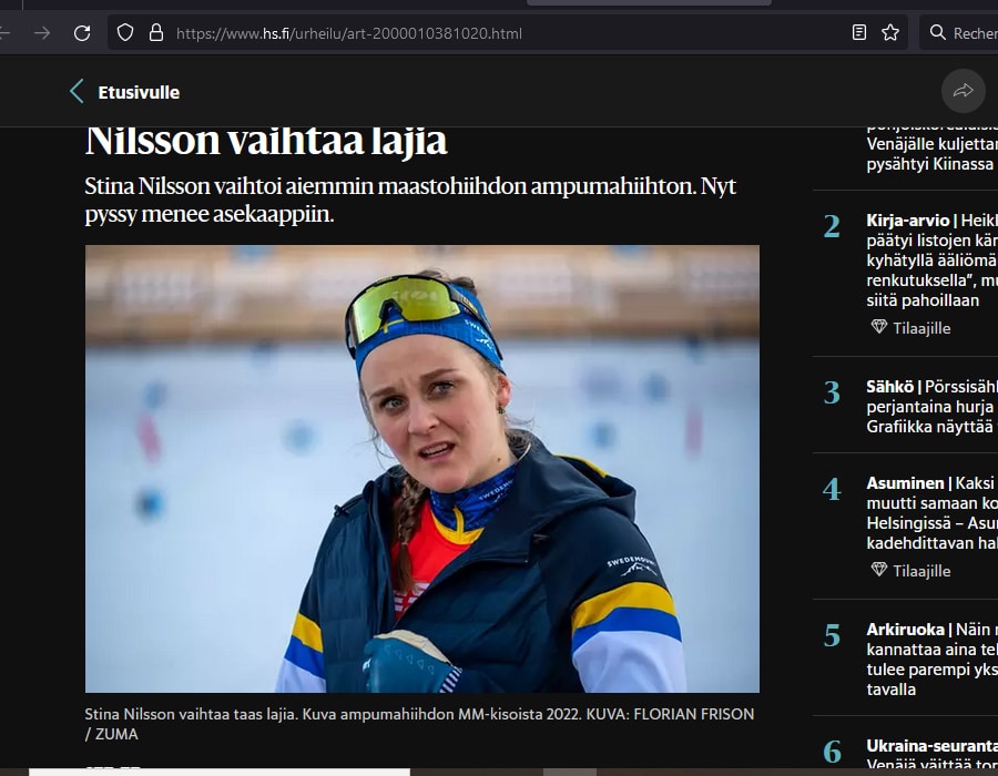 Article du média Finalandais HS sur la Biathlète Suèdoise Stina Nilsson