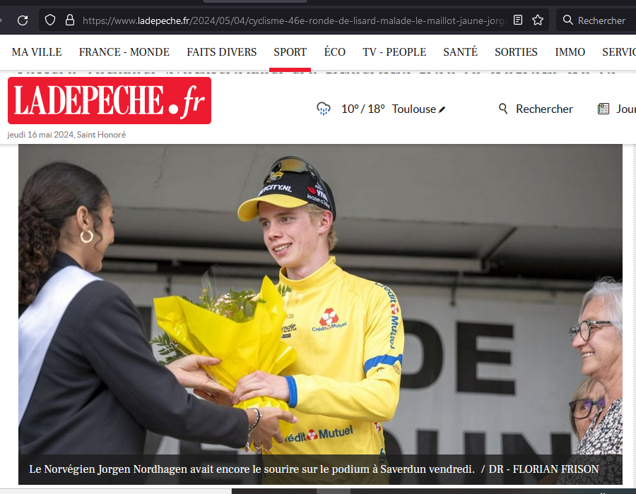 Article du média la Dépêche sur Jorgen Nordhagen de l'équipe Team Visma Lease a Bike Development lors de la Ronde de l'Isard 2024