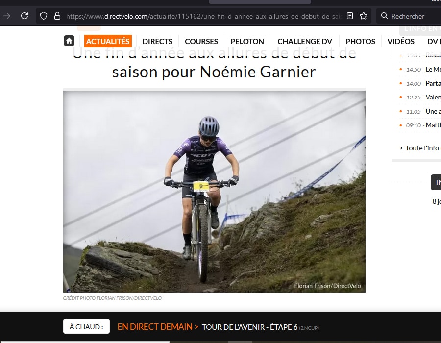 Article du média DirectVelo sur Noémie Garnier lors de la Coupe de France de VTT aux Ménuires 2024