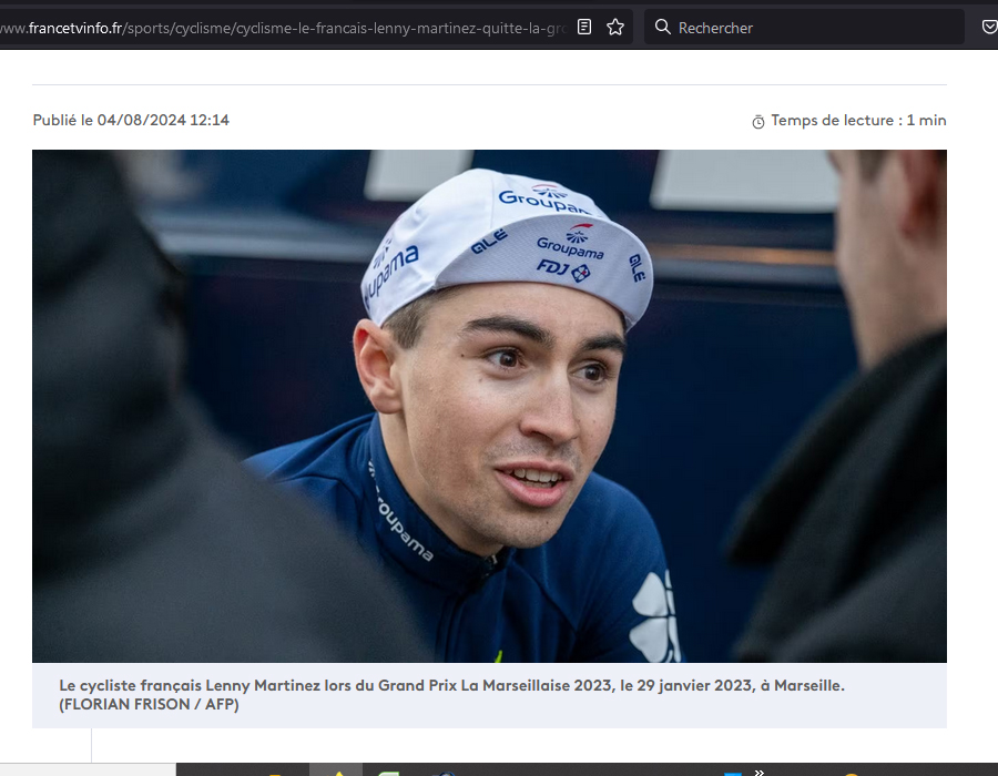 Article du média français FranceTvInfo sur le cycliste Lenny Martinez qui quitte la Groupama-FDJ pour Bahrain-Victorious 