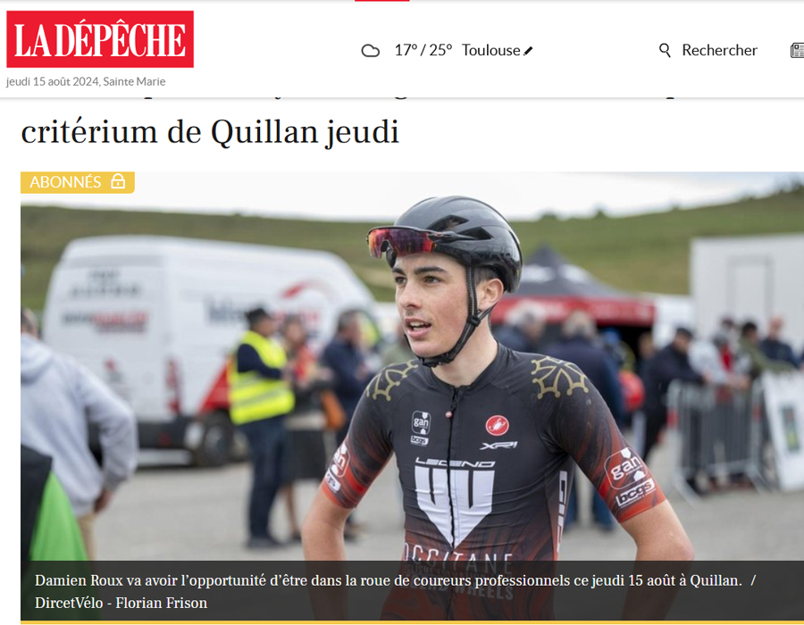 Article du média la Dépêche sur le coureur Damien Roux de l'équipe Occitane.