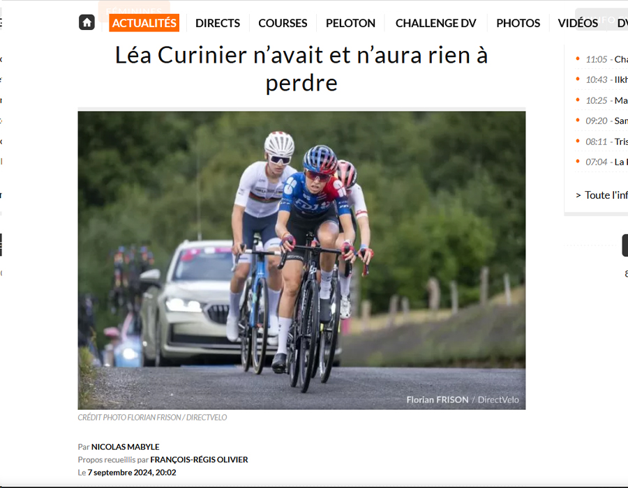 Article du media français Direct Vélo sur la coureuse Lea Curinier