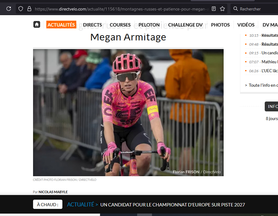 Article du média français Direct Velo sur l'Irlandaise Megan Armitage