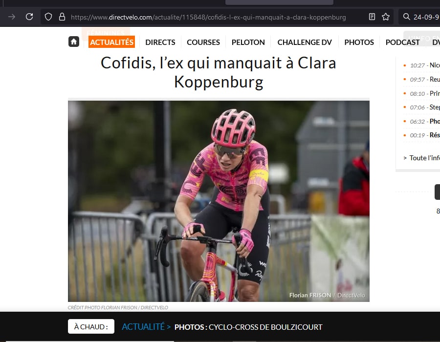 Article du média français Direct Velo sur l'Allemande Clara Koppenburg