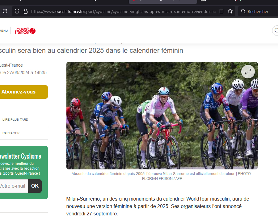 Article du média français Ouest France, sur le retour du Milan-San-Remo féminin.