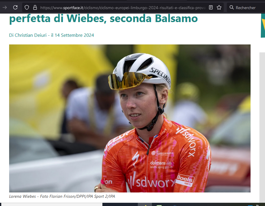Article du média Italien SportFace sur la cycliste Hollandaise Lorena Wiebes