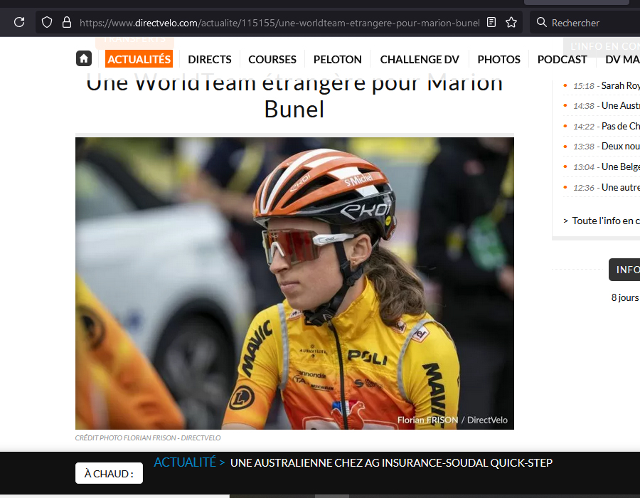 Article du média français DirectVelo sur la française Marion Bunel