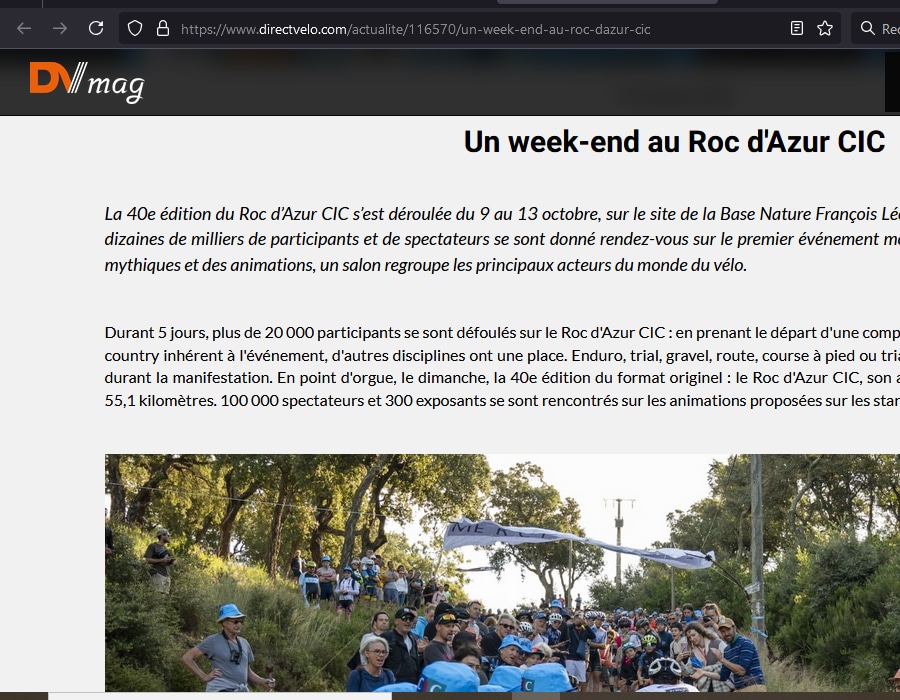 Article du média français Direct Velo sur le Roc d'Azur CIC 2024
