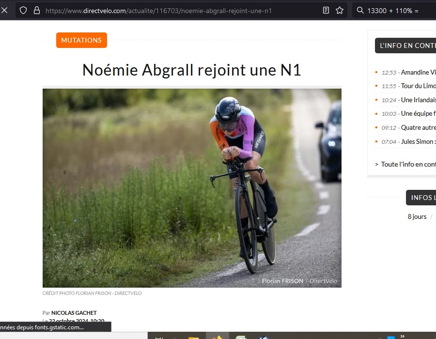 Article du Media Français Direct Velo sur Noemie Abgrall<br /> 