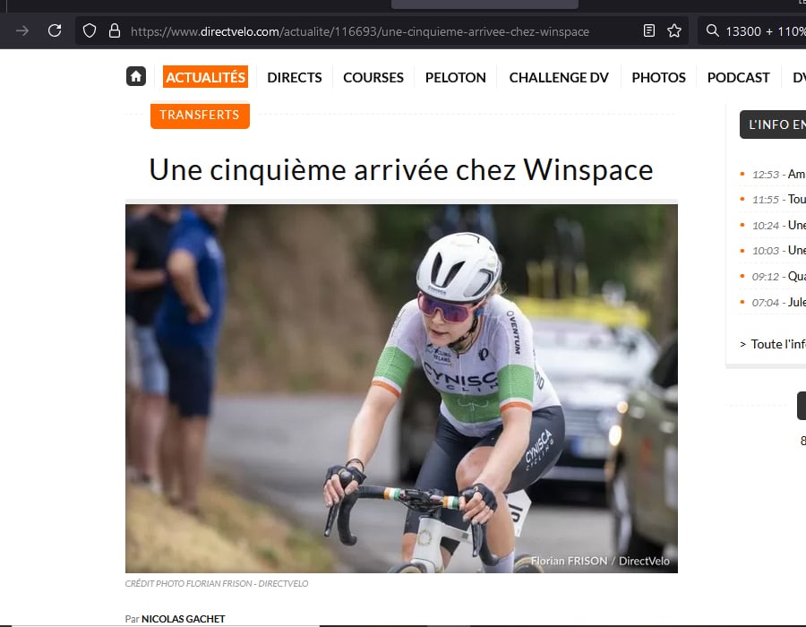 Article du Media Français Direct Velo sur Fiona Mangan