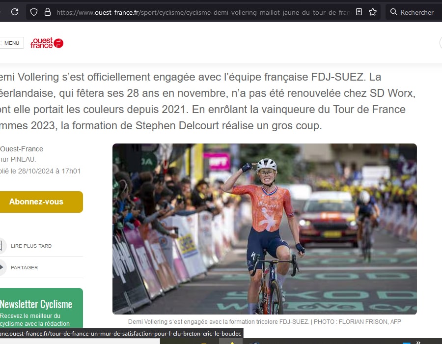 Article du média français Ouest France sur l'hollandaise Demi Vollering