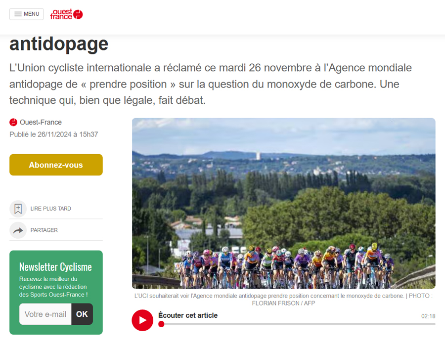 Article du média français Ouest France sur le dopage dans le cyclisme