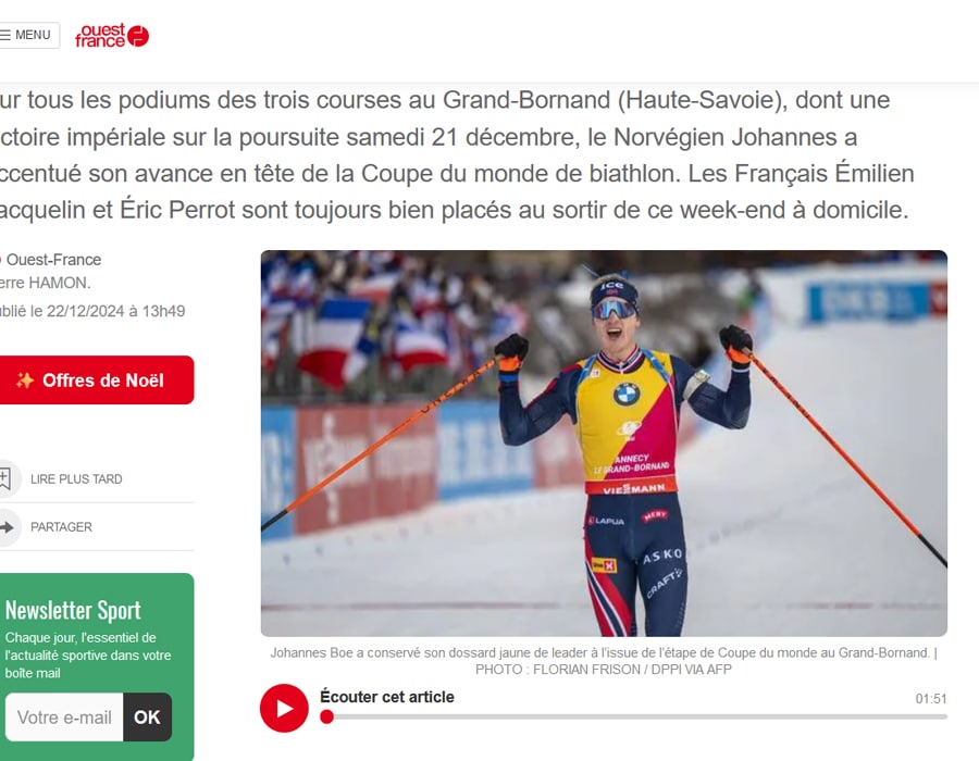 Article du média français Ouest France sur le biathlète norvégien Johannes Thingnes Bo