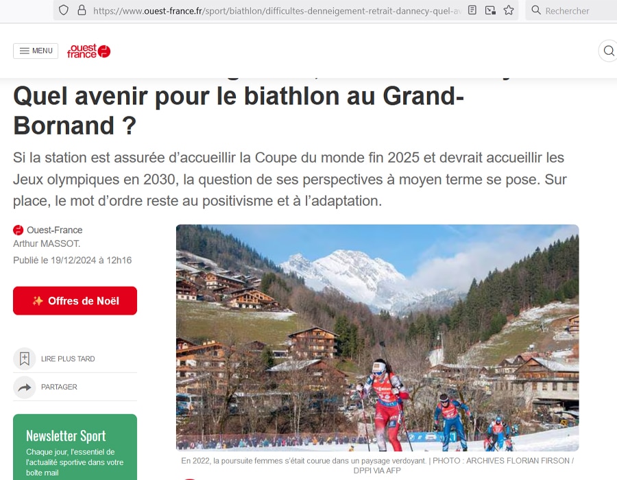 Article du média français Ouest France sur la Coupe du Monde de Biathlon au Grand Bornand