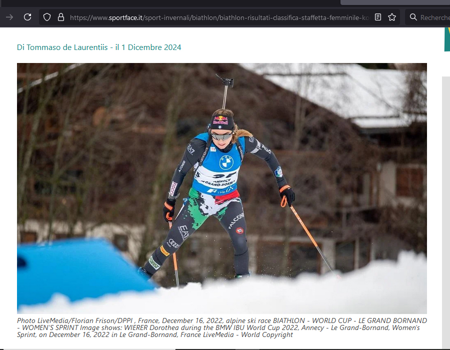 Article du média Italien SportFace sur la biathlète italienne Dorothea WIERER