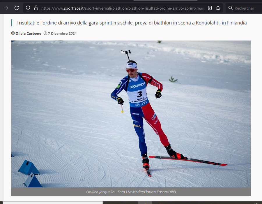 Article du média Italien SportFace sur le biathlète français Emilien JACQUELIN