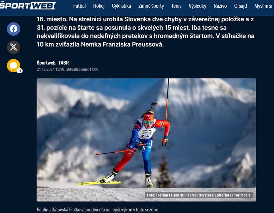 Article du média Slovaque SportWeb sur la Biathlète Paulina Batovska Fialkova