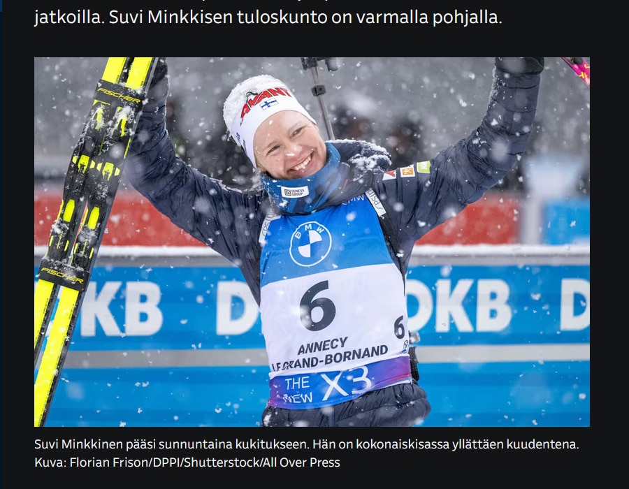 Article du média finlandais YLE sur la biathlète finlandaise Suvi Minkkisen