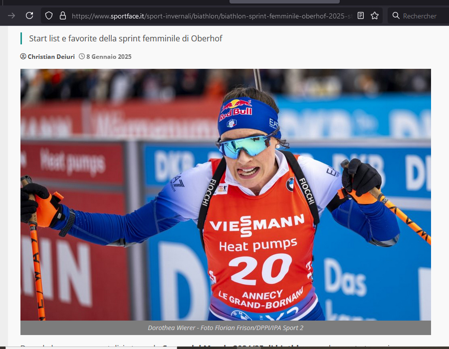 Article du média italien SportFace sur la Coupe du Monde de Biathlon 2025 à Oberhof.