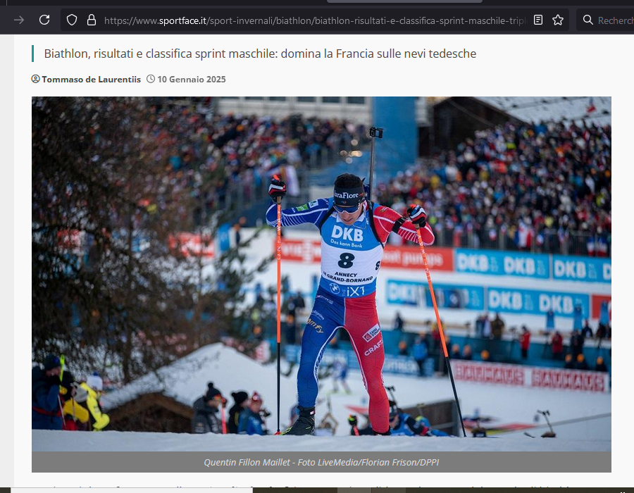 Article du média Italien SportFace sur le biathlète français Quentin Fillon Maillet