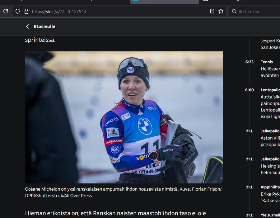 Article du média finlandais YLE avec la biathlète française Oceane MICHELON