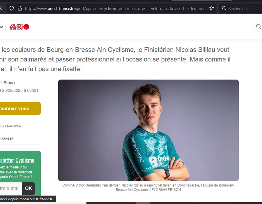 Article du média français Ouest-France sur le coureur français Nicolas Silliau de l'équipe Bourg-en-Bresse Ain Cyclisme