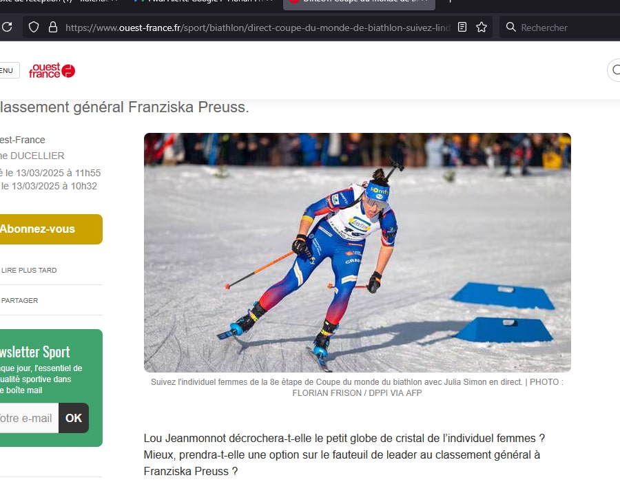 Article du média français Ouest-France sur la Coupe du Monde de Biathlon à Pokljuka 