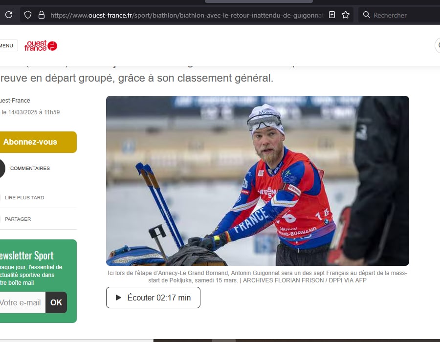 Article du média français Ouest-France sur le biathlète français Antonin Guigonnat
