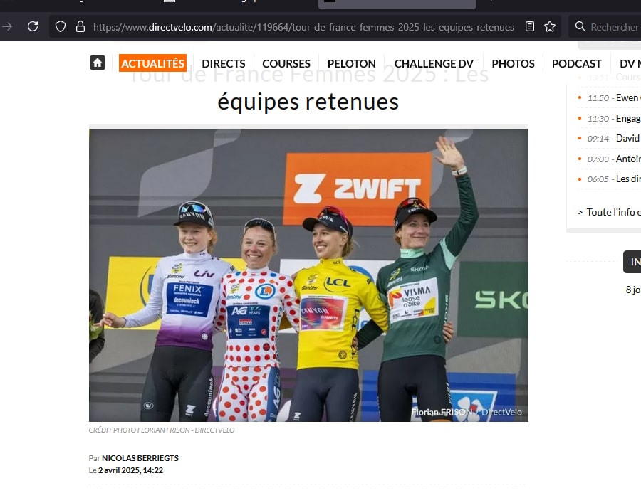 Article du média français DirectVelo sur le Tour de France Féminin 2025
