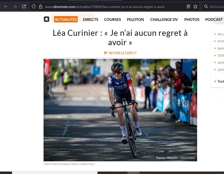 Article du media français Direct Velo sur la coureuse cycliste française Léa Curinier 