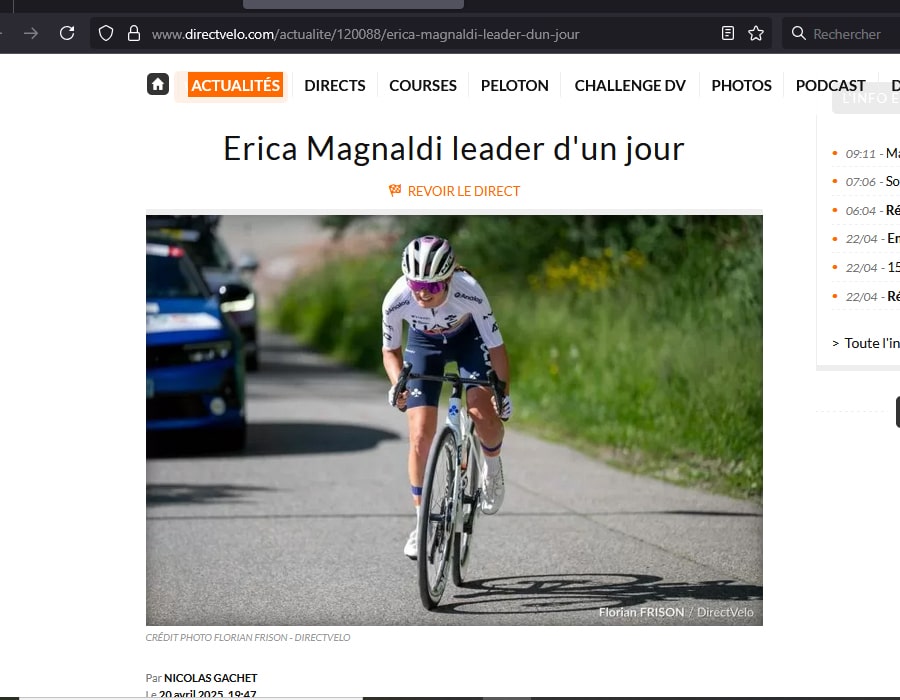 Article du media français Direct Velo sur la cycliste italienne Erica Magnaldi