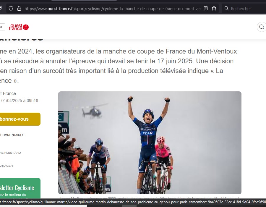 Article du média français Ouest-France sur la Mont Ventoux Dénivelé Challenge 2025