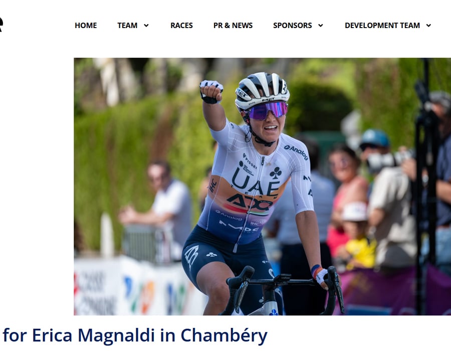 Article de l'équipe UAE Team ADQ sur la victoire de la cycliste Italienne Erica Magnaldi lors du Grand Prix de Chambéry 2025