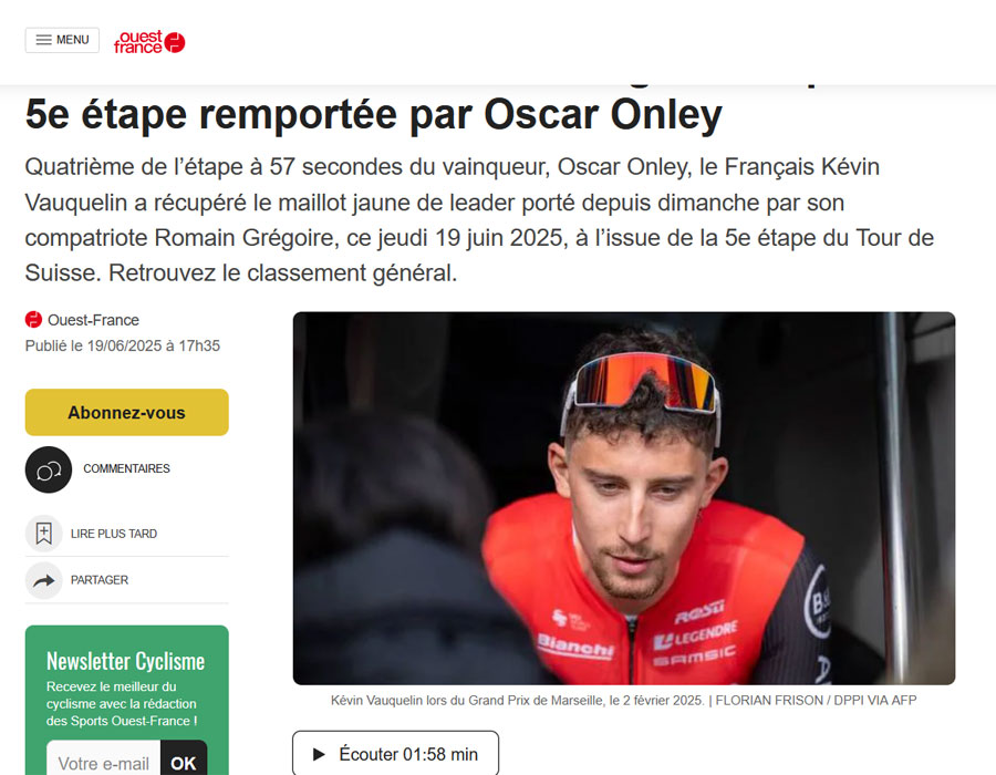 Article du média français Ouest-France sur le français Kevin Vauquelin