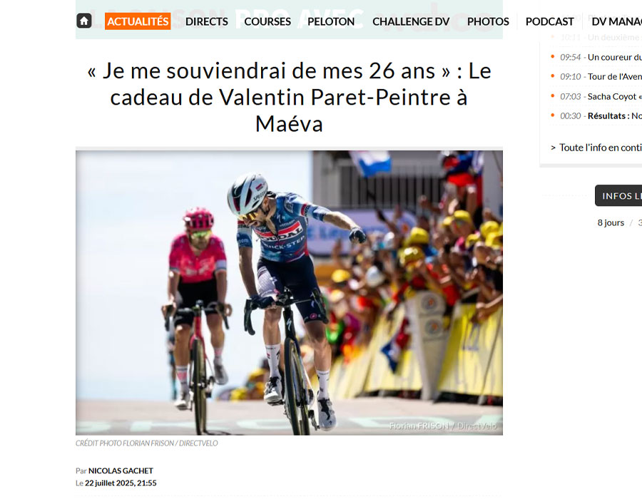 Article du média français Direct Velo sur la victoire de Valentin Paret-Peintre