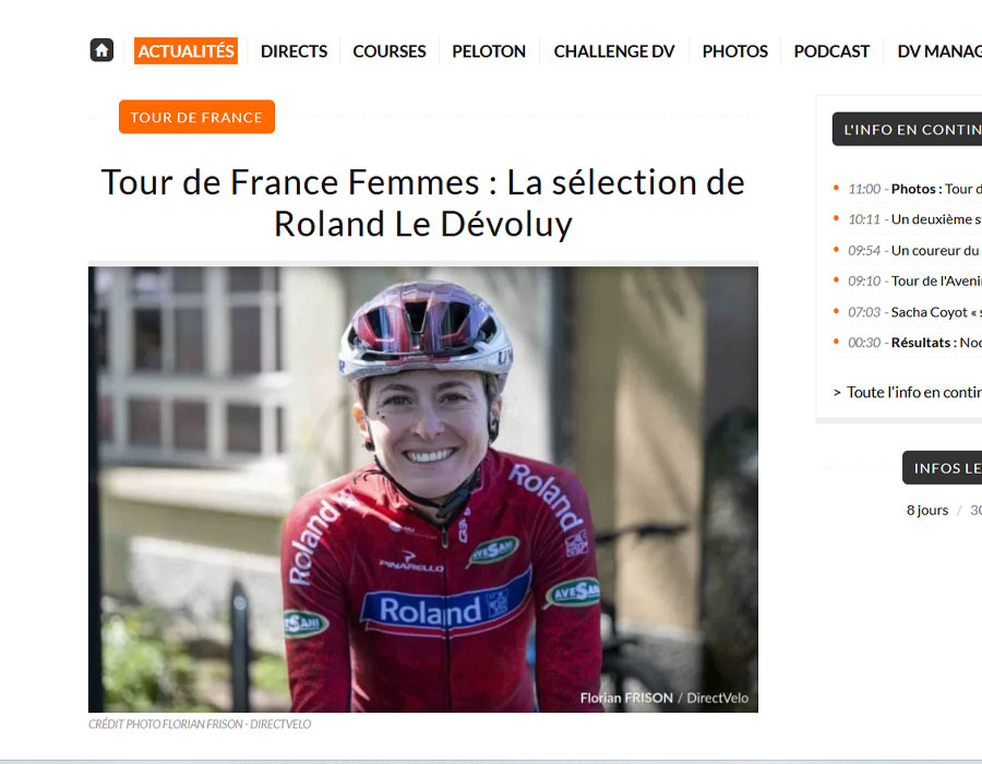 Article du média français Direct Velo sur l'équipe Roland Le Dévoluy</p><p>Lire la suite : https://www.directvelo.com/actualite/122401/tour-de-france-femmes-la-selection-de-roland-le-devoluy au Tour de France 2025