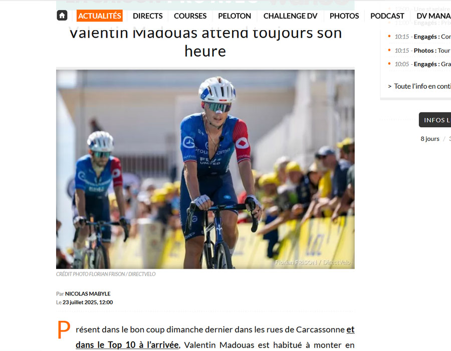 Article du média français Direct Velo sur le français Valentin Madouas