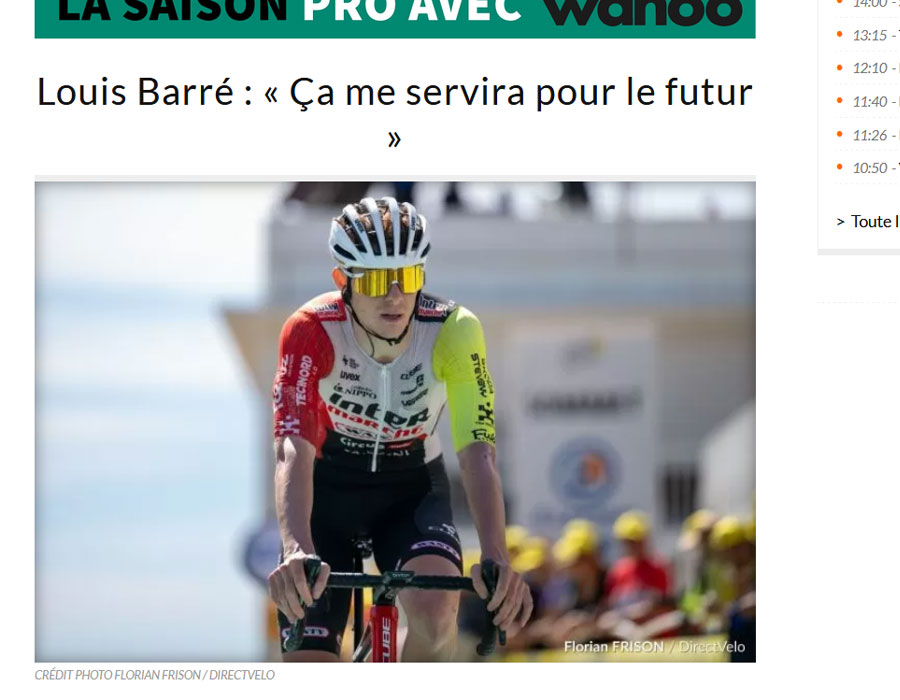 Article du média français Direct Velo sur le français Louis Barré