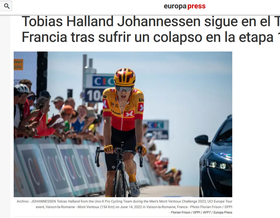 Article du média Espagnol EuropPress sur le coureur Norvégien Tobias Halland Johannessen